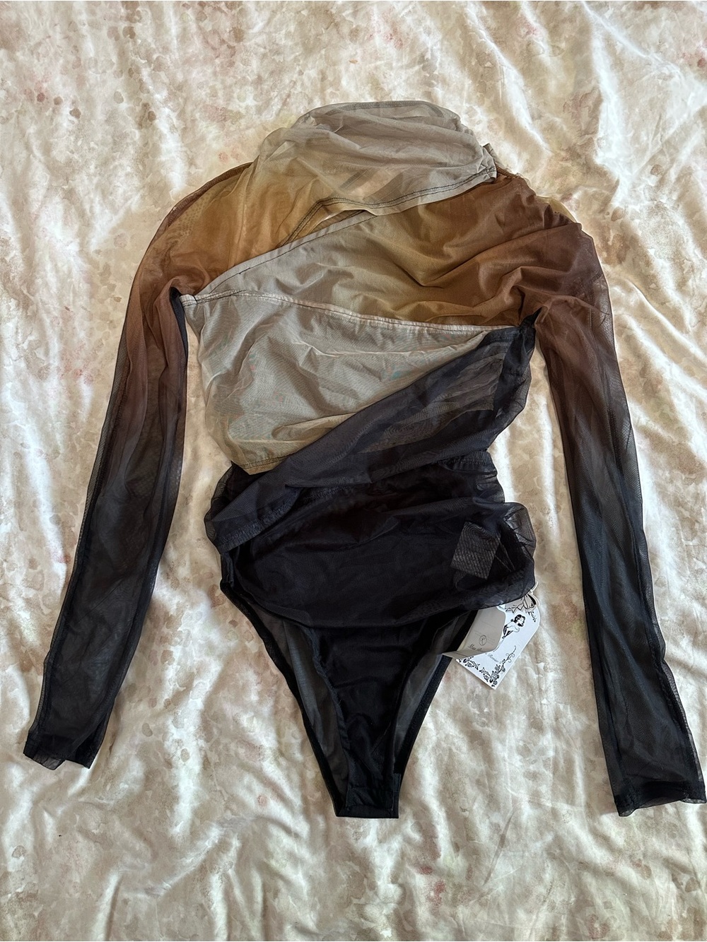 Sheer Ombre Long-Sleeve Bodysuit in Black and Brown